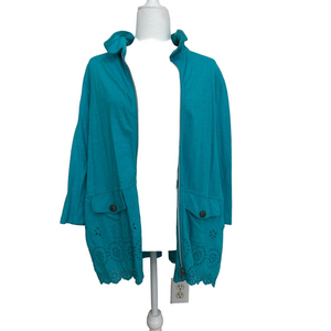 Onque Casual 100% Cotton Teal Zip Front Jacket with Eyelet Hem